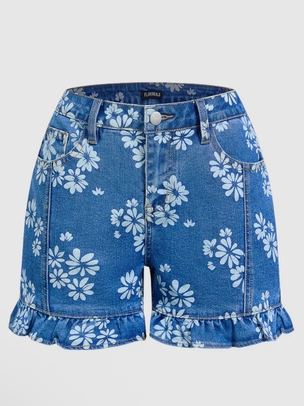 Flamingals Floral Print Stitch Front Ruffle Hem Mid Rise Denim Shorts